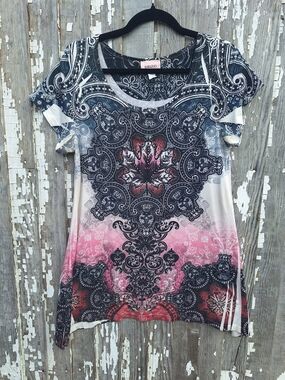 Y2K Pink Ombre Paisley Short Sleeve Scoop Neck Top Size XL
